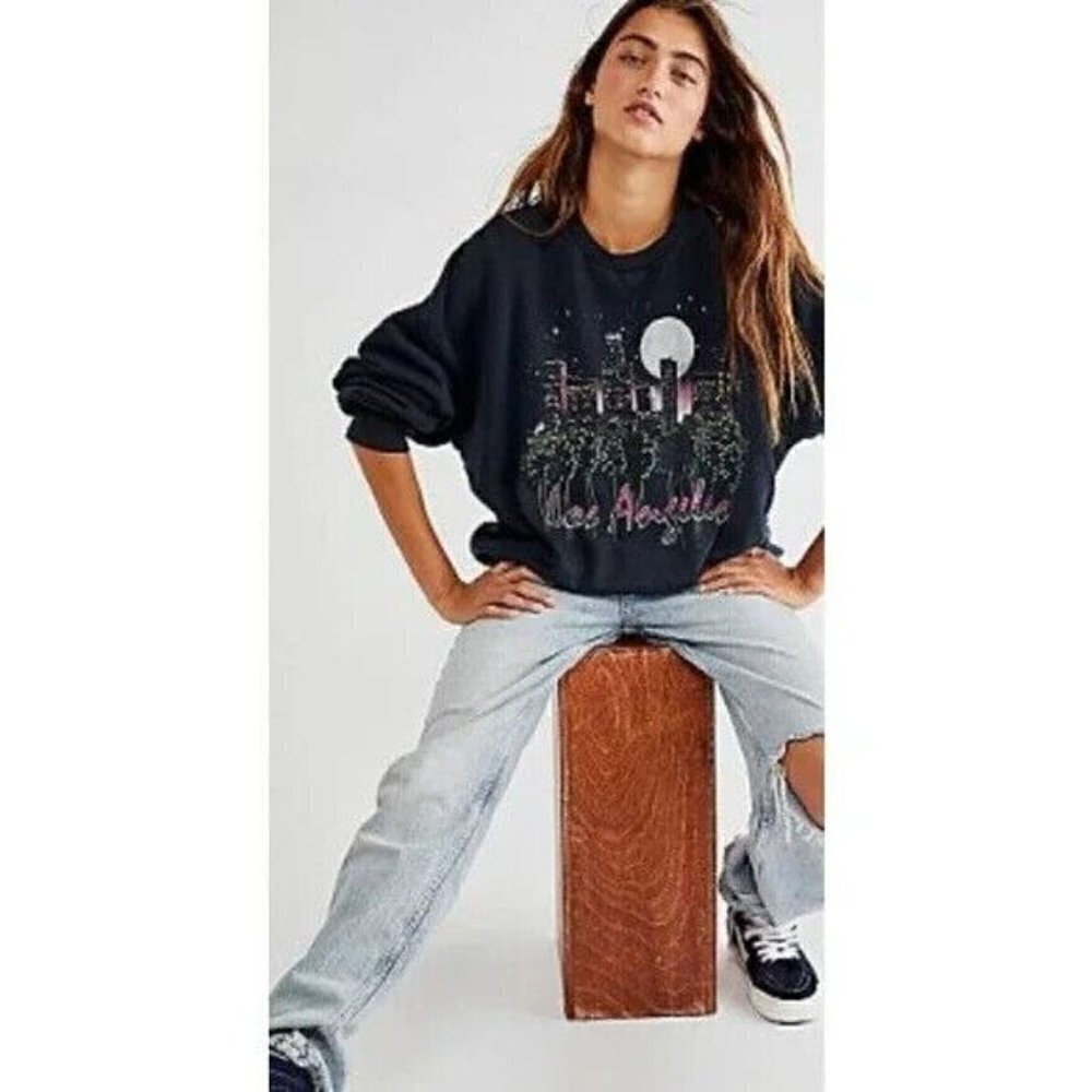 Free People Vintage Soul Los Angeles LA Skyline Pullover Sweatshirt Size L NWT - Picture 2 of 8